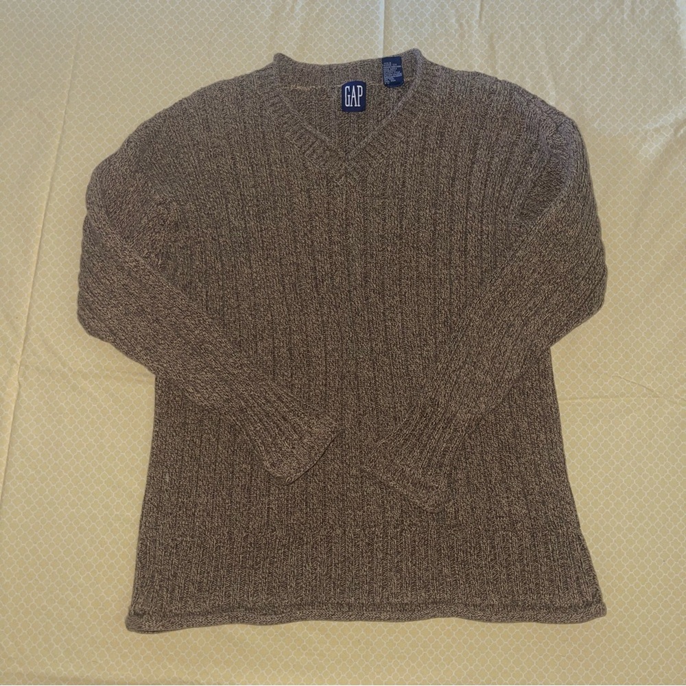 GAP BROWN WOVEN CREWNECK CABLE KNIT COTTON SWEATER - Picture 4 of 10